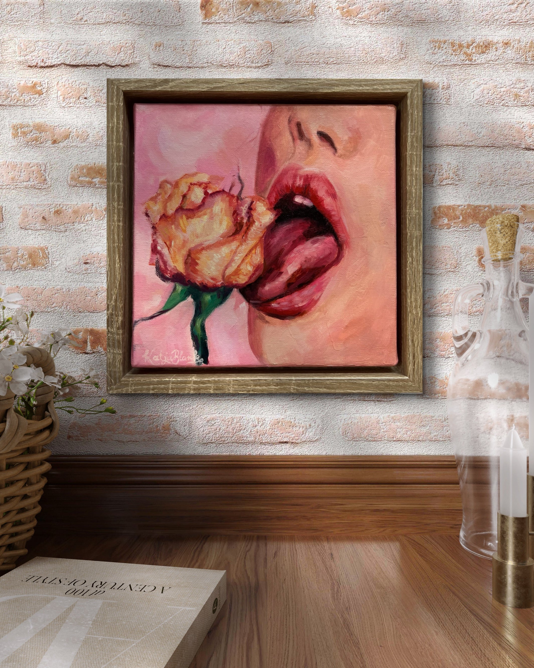 taste_me_20x20cm_kunstwerk_gerahm_im_holzrahmen_auf_mauerwerk_indusitral_boho_und_skandinavian